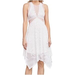 BCBGMaxAzria Lace Midi Dress in Soft Pink and White